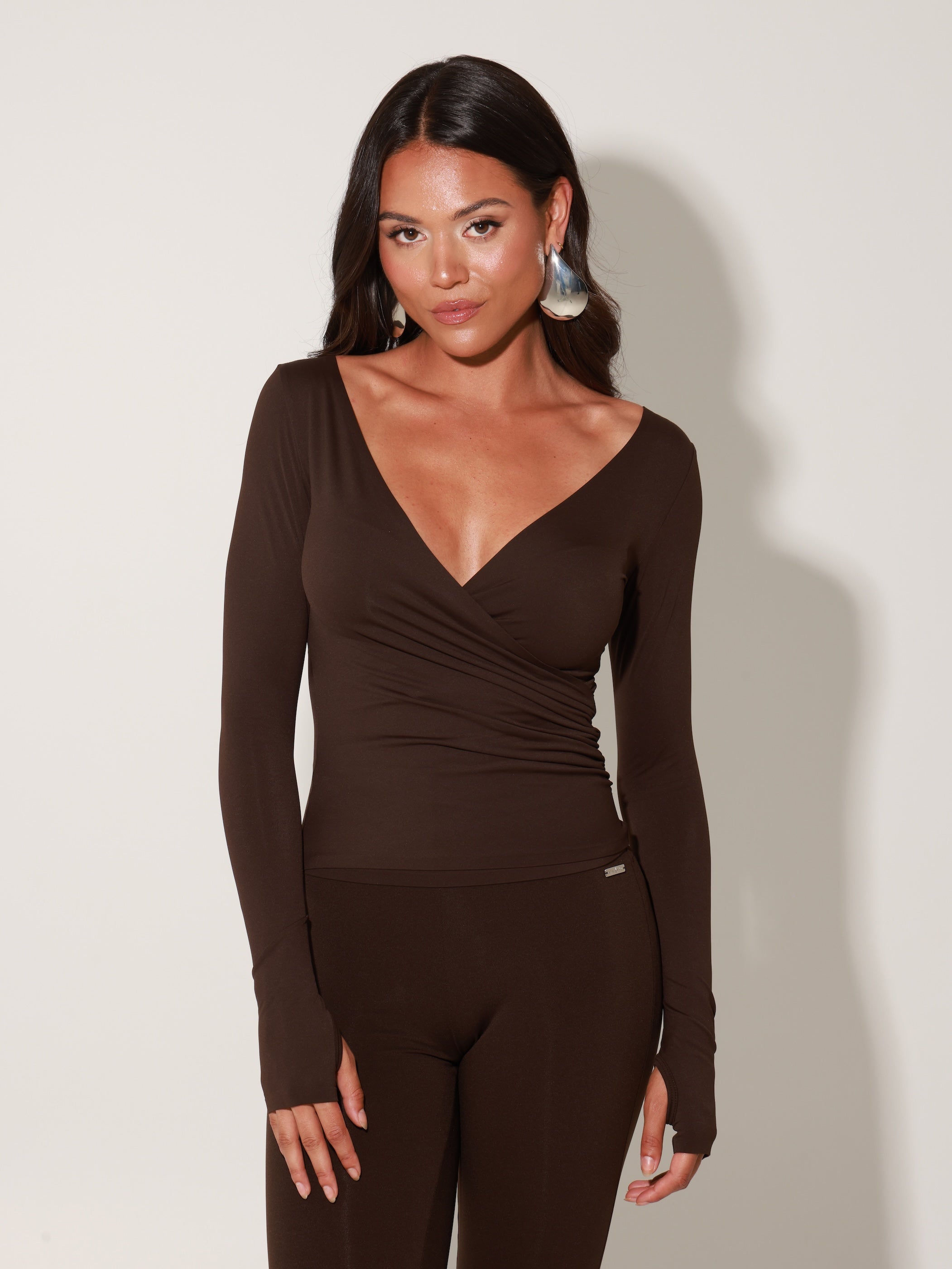 Beyaz Sculpting V Neck Top - Chocolate Brown