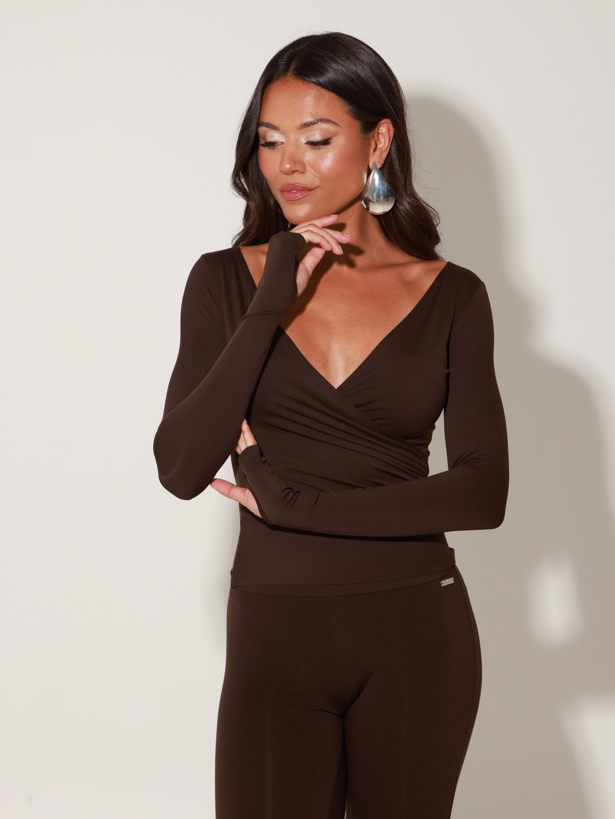 Beyaz Sculpting V Neck Top - Chocolate Brown