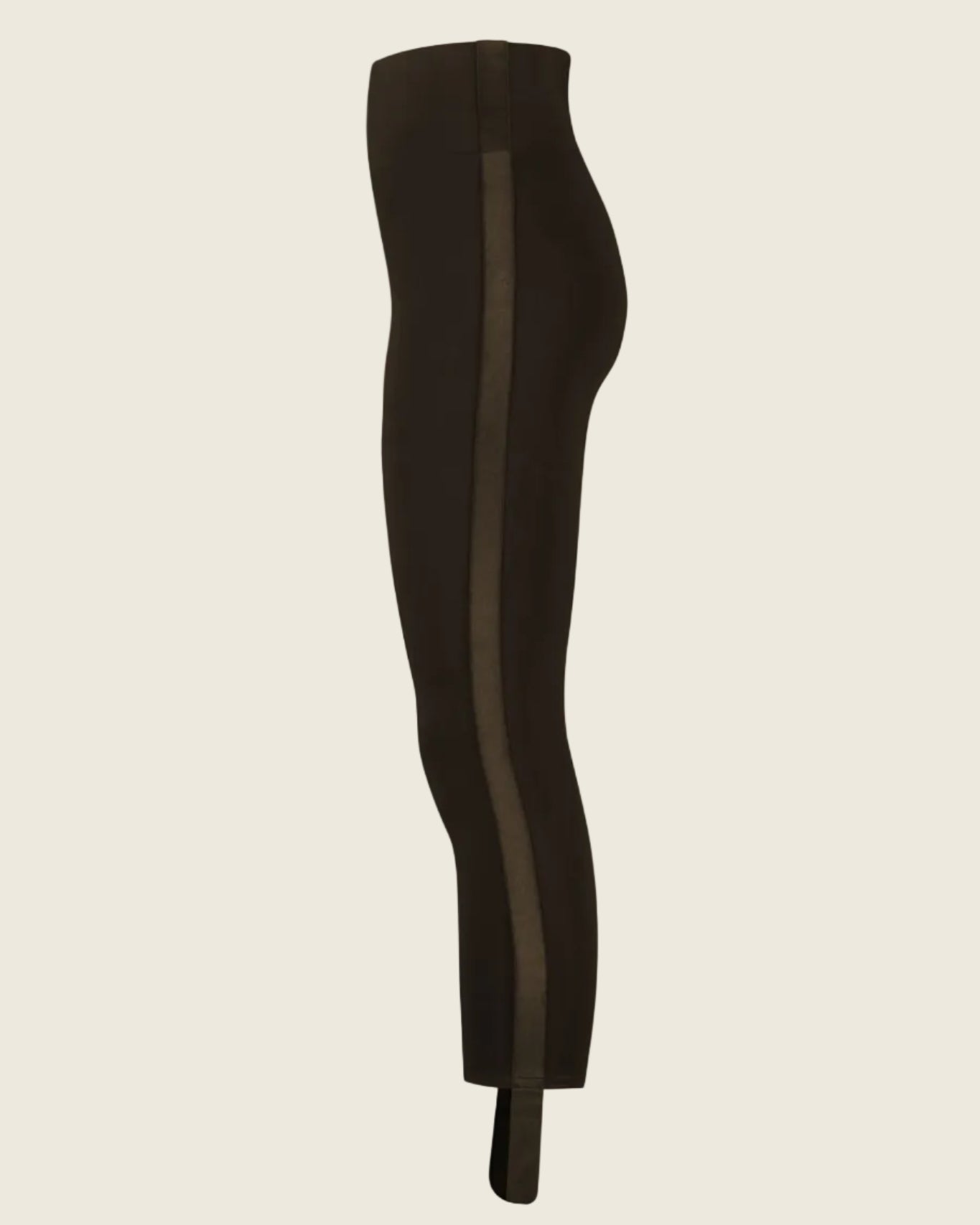 Side view Mavi brown sculpting stirrup leggings with tuxedo stripe compressive fit