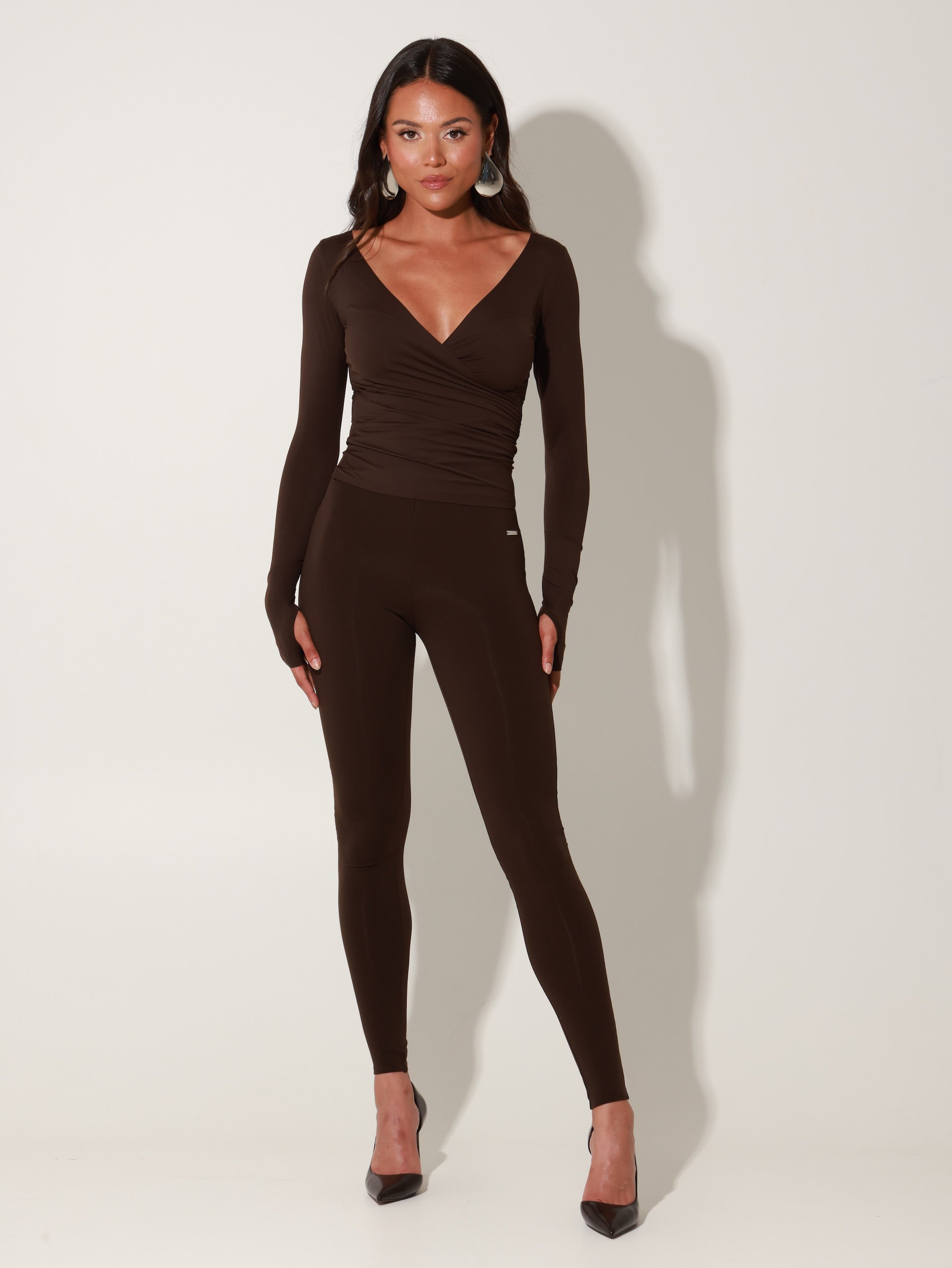 Beyaz Sculpting V Neck Top - Chocolate Brown