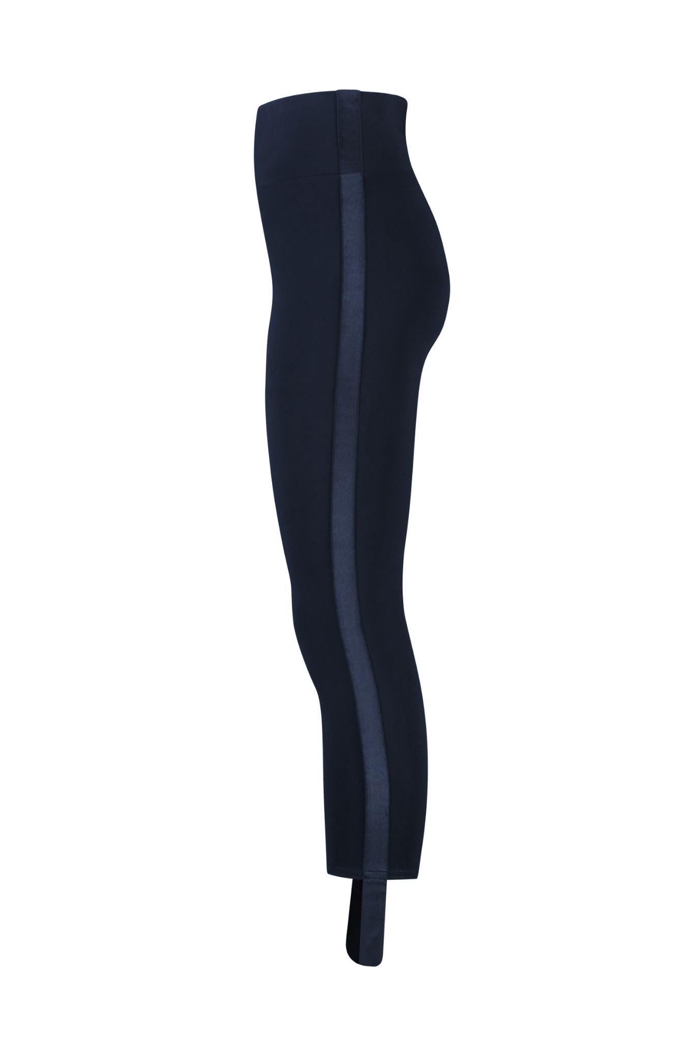 Side view blue Mavi sculpting stirrup leggings with tuxedo stripe compressive fit