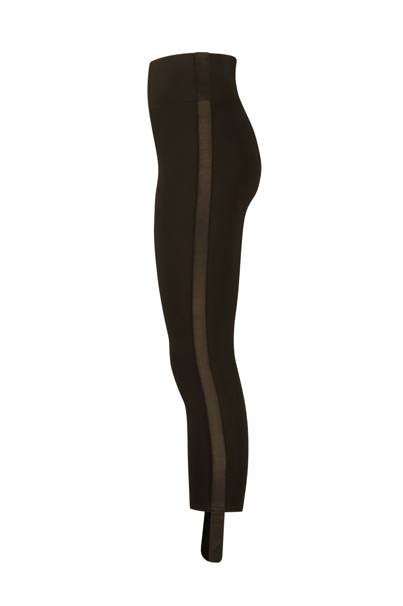 Side view Mavi brown sculpting stirrup leggings with tuxedo stripe compressive fit
